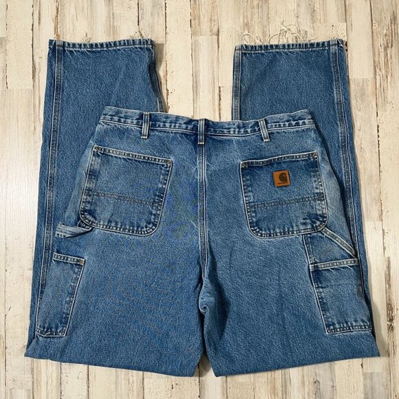Vintage 90s Carhartt Thrashed Blue Denim Carpenter Canva Cargos Mens Sz 36 x 36 - Picture 1 of 6